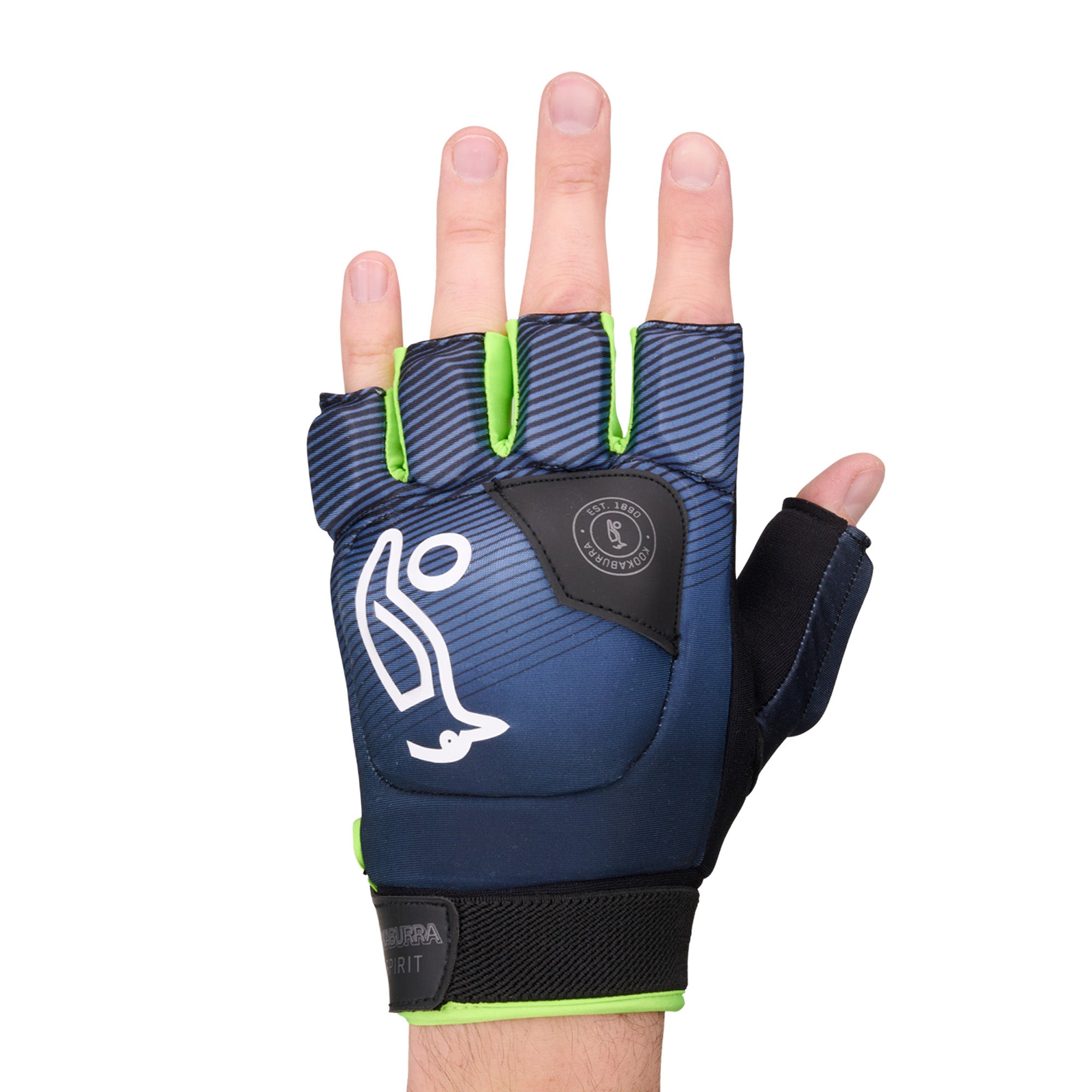 A hand wears the Kookaburra Pro Spirit Handguard by Kookaburra—a blue and black, fingerless ergonomic glove with green trim, a white logo, a durable palm, and extended thumb protection, shown with the palm facing away.