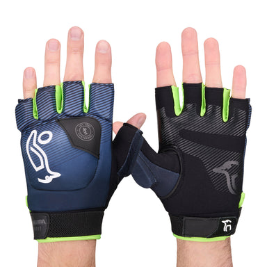 Two hands wear Kookaburra Pro Spirit Handguards by Kookaburra, featuring a blue and black fingerless design, green trim, white logos, velcro wrist straps, and a durable palm; palms and backs both shown.