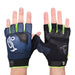 Two hands wear Kookaburra Pro Spirit Handguards by Kookaburra, featuring a blue and black fingerless design, green trim, white logos, velcro wrist straps, and a durable palm; palms and backs both shown.