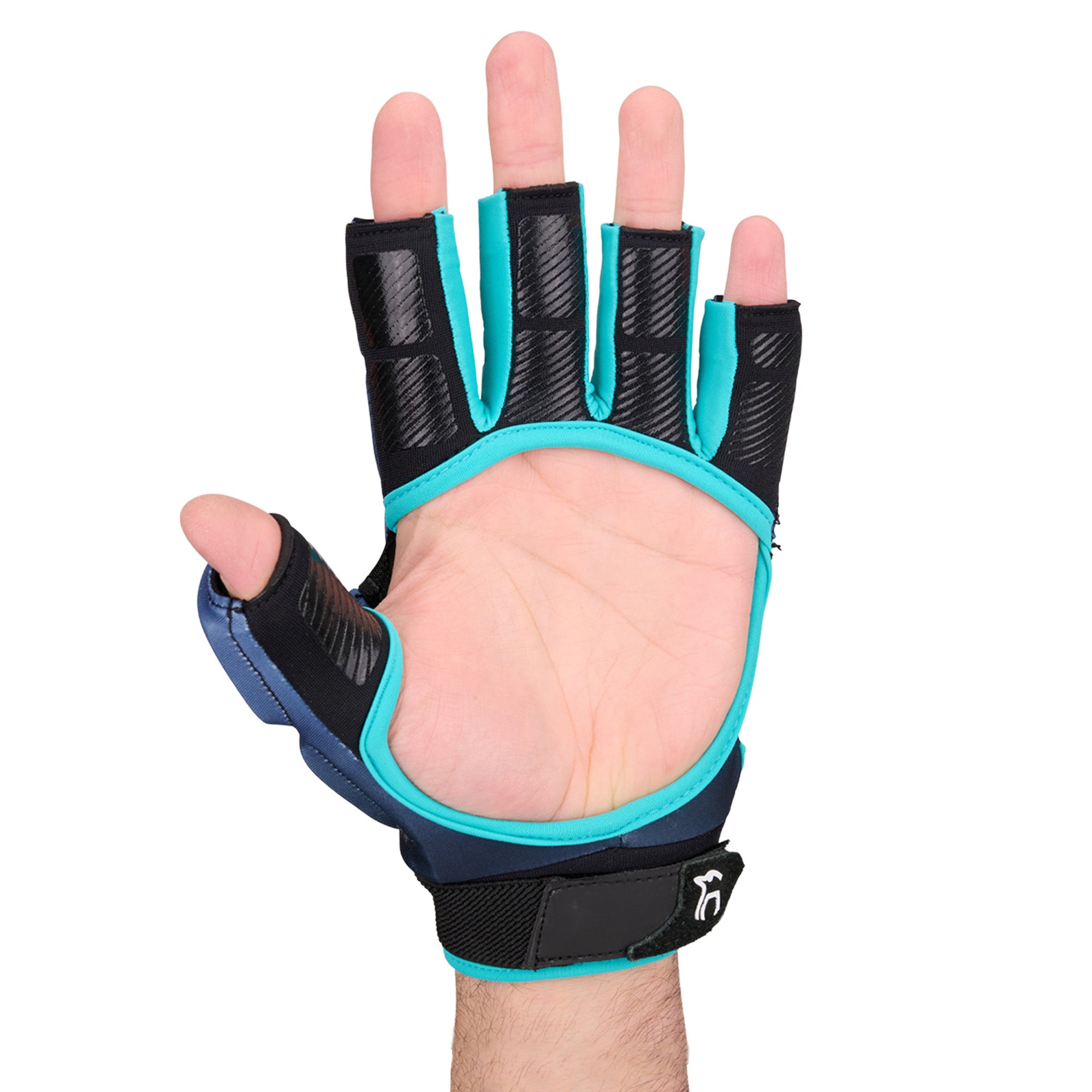 A hand wearing the Kookaburra Spirit Plus Hockey Handguard by Kookaburra, featuring black and blue accents, exposed fingertips, an open palm design for flexibility, a wrist strap, and enhanced comfort.