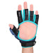A hand wearing the Kookaburra Spirit Plus Hockey Handguard by Kookaburra, featuring black and blue accents, exposed fingertips, an open palm design for flexibility, a wrist strap, and enhanced comfort.