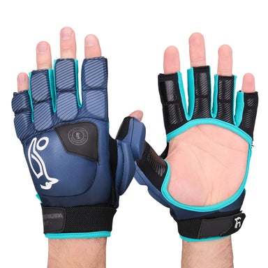 The Kookaburra Spirit Plus Hockey Handguard by Kookaburra is a pair of blue and black open-palm, fingerless sports gloves with teal trim, padded knuckles, palm support, and an HDF finger insert for extra protection.