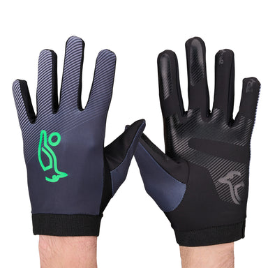A pair of Kookaburra Nitrogen Hockey Gloves by Kookaburra, in black with light green and gray designs, offering full finger protection and good grip for junior players, displayed on a white background.