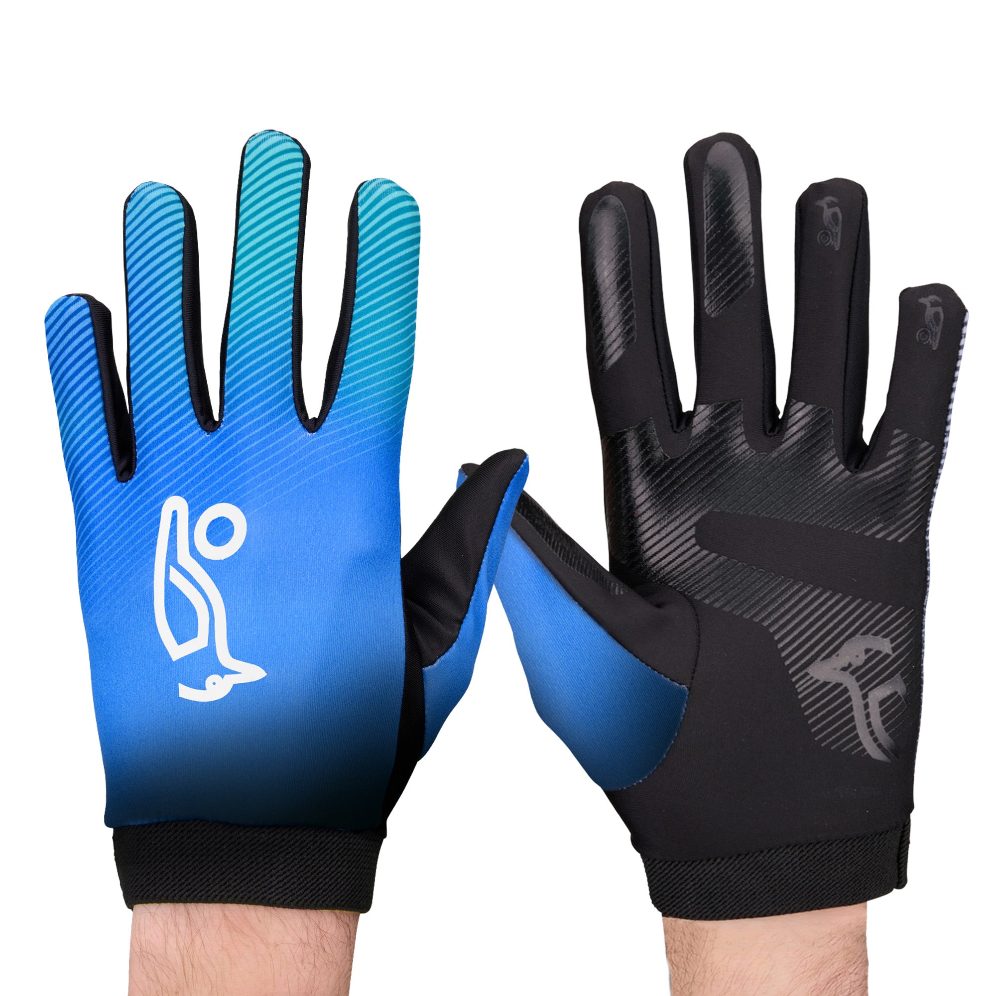 The Kookaburra Nitrogen Hockey Gloves by Kookaburra are full finger gloves for juniors, featuring a blue left glove with a white logo and black right glove with blue accents and a gray palm for grip.
