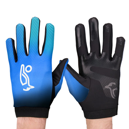 The Kookaburra Nitrogen Hockey Gloves by Kookaburra are full finger gloves for juniors, featuring a blue left glove with a white logo and black right glove with blue accents and a gray palm for grip.