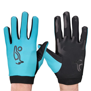 A pair of hands wearing Kookaburra Nitrogen Hockey Gloves in mint, designed for juniors. The left palm displays textured grip patterns, while the right shows a stylized person logo on the back—ideal for a secure hold.