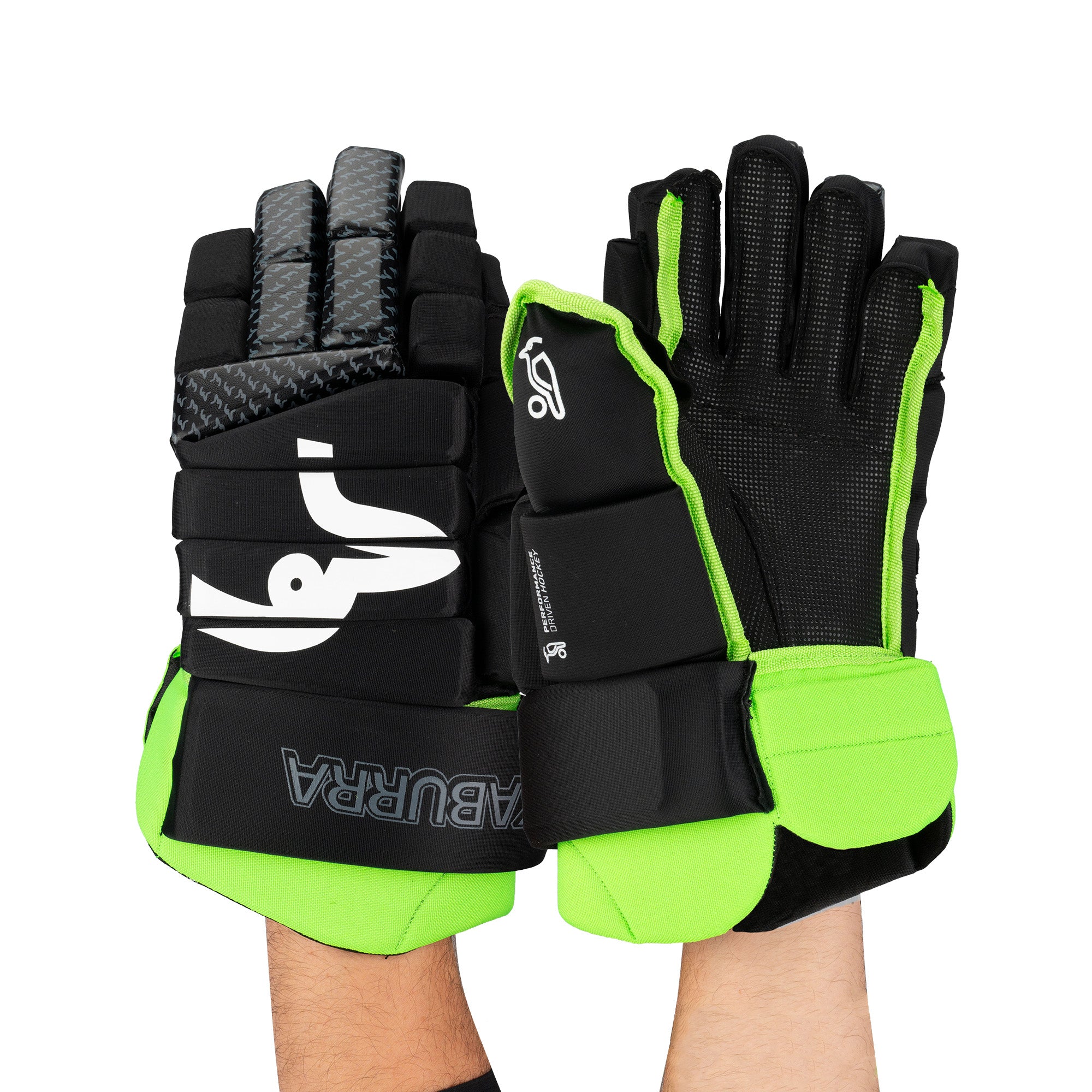 A pair of hands wear Kookaburra Pro Conflict Hockey Gloves by Kookaburra in black and neon green, featuring reinforced fingers, wrist support, visible logos, a rubberised palm for grip, and high-density foam padding for flexibility and safety.