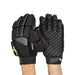 The Kookaburra Rebuke Hockey Glove by Kookaburra features high-density foam padding for impact protection, a rubberised patterned black palm, adjustable wrist straps, and a green logo.