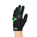 A hand wears the Kookaburra Clone LH Hockey Glove, a lightweight, stretchable glove with green accents and logo, striped fingers, Velcro strap labeled Kookaburra, and a rubberised palm grip for control.
