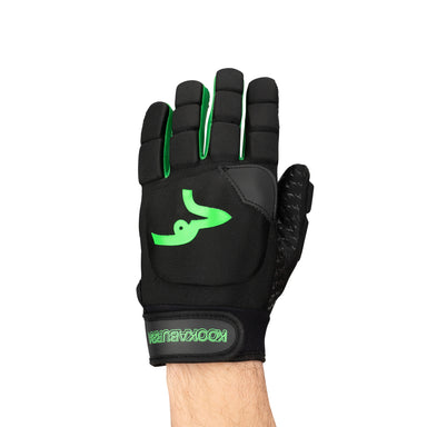 A hand wears the Kookaburra Clone LH Hockey Glove by Kookaburra, a black lightweight stretchable glove with green accents and a stylized logo, padded sections, and a rubberised palm grip for enhanced performance. Shown on a white background.
