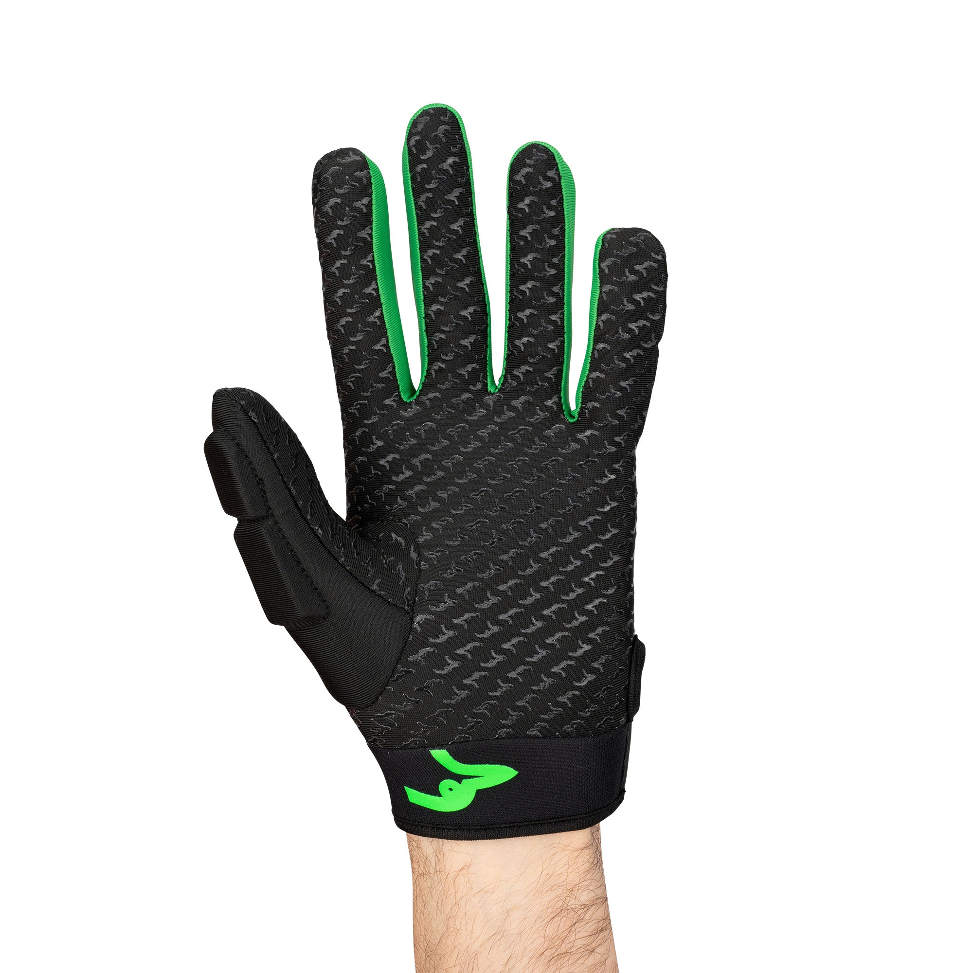 A left hand wearing the Kookaburra Clone LH Hockey Glove by Kookaburra, featuring a lightweight, stretchable design with textured pattern, bright green finger accents and a rubberised palm grip, is raised against a white background.