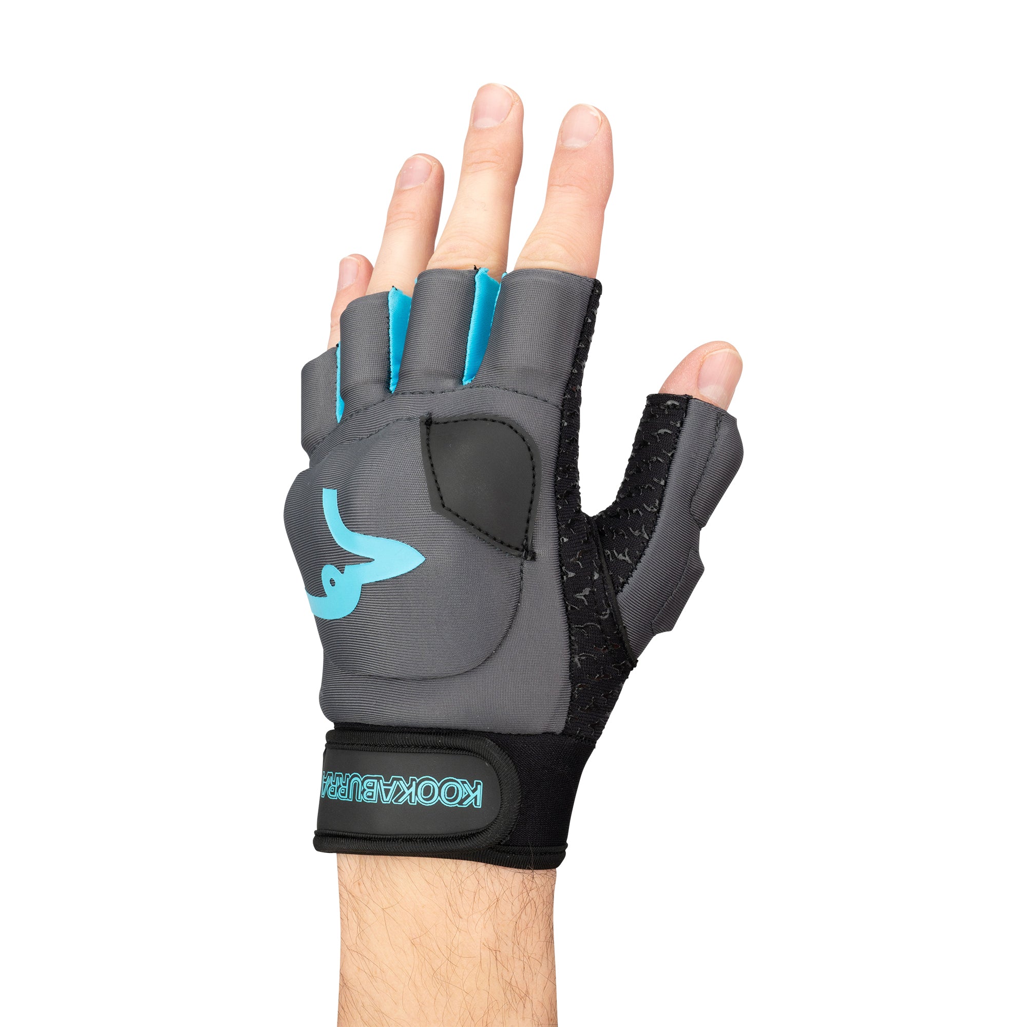 A hand wearing the Kookaburra Pro Spirit Hockey Glove by Kookaburra, a gray and black fingerless glove with blue accents and padding, is shown palm down against a white background.