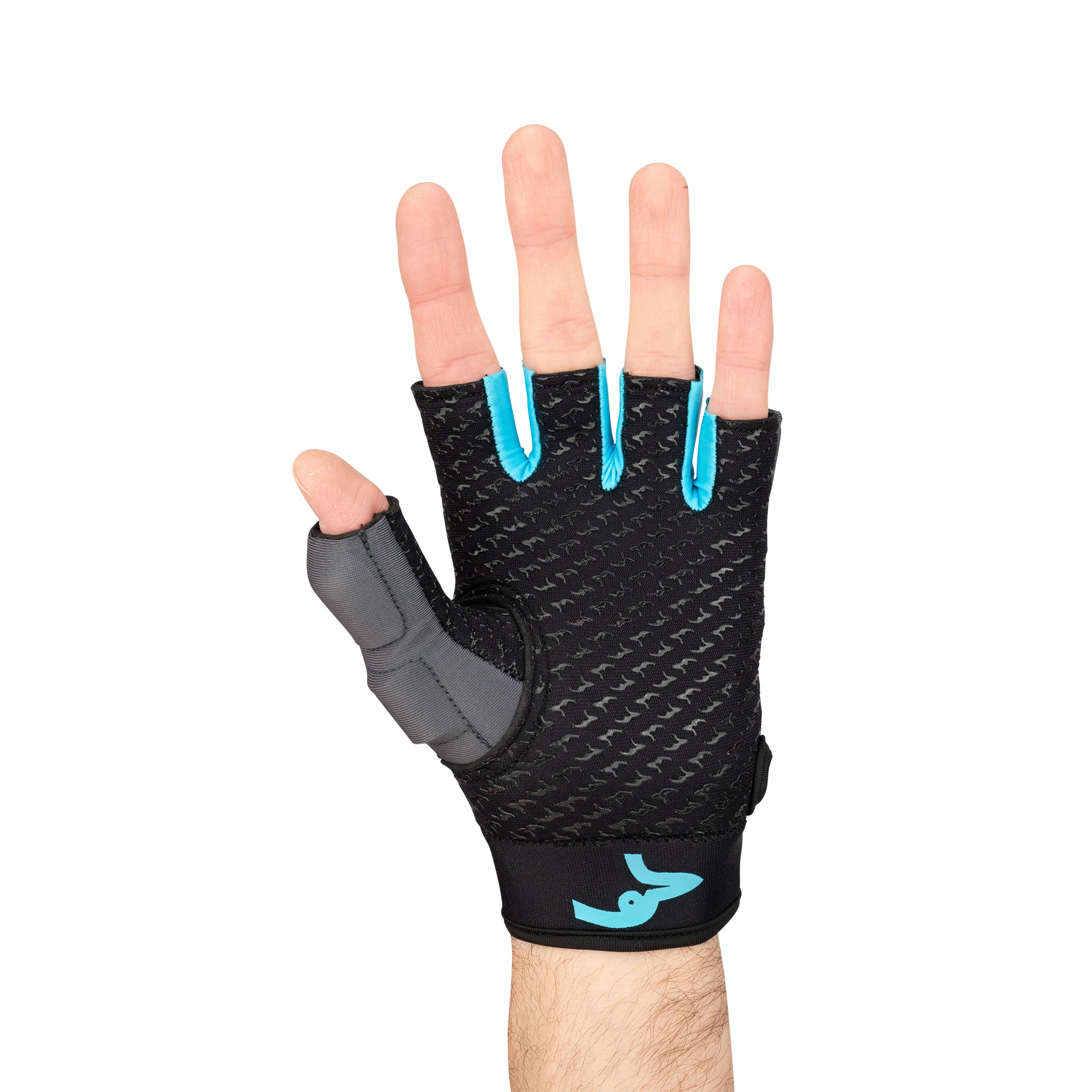 A left hand wearing a Kookaburra Pro Spirit Hockey Glove by Kookaburra, featuring a black flex system with blue accents and padded thumb area, displayed on a white background.