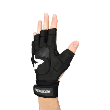A hand wearing the Kookaburra Spirit Plus LH Hockey Glove by Kookaburra, a black fingerless glove with a white logo, wrist strap, and open palm design for better stick control, is shown against a plain white background.