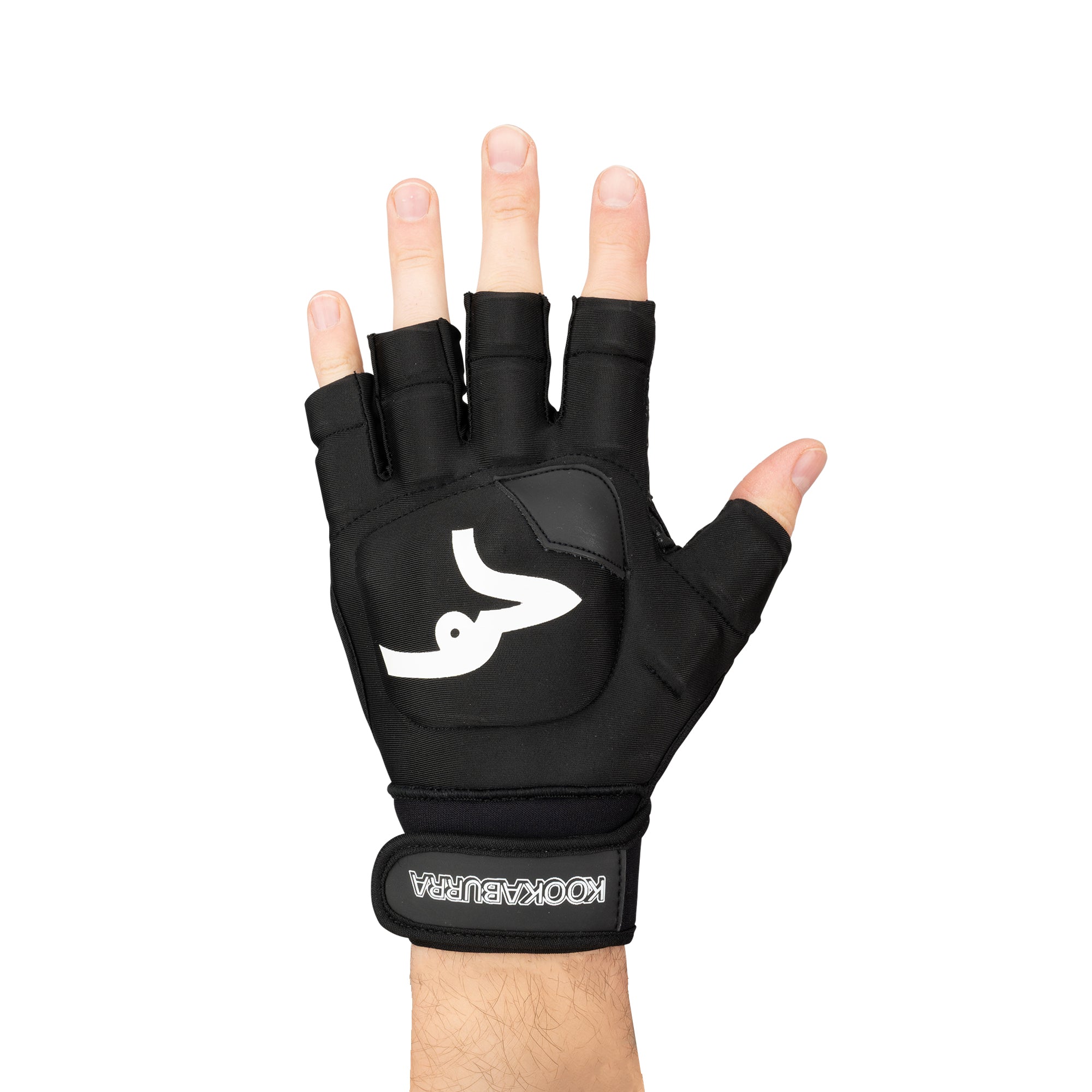 A hand wearing a Kookaburra Spirit Plus LH Hockey Glove, a black fingerless padded glove with a white logo, open palm design, and Velcro strap by Kookaburra, designed for grip and protection in hockey.