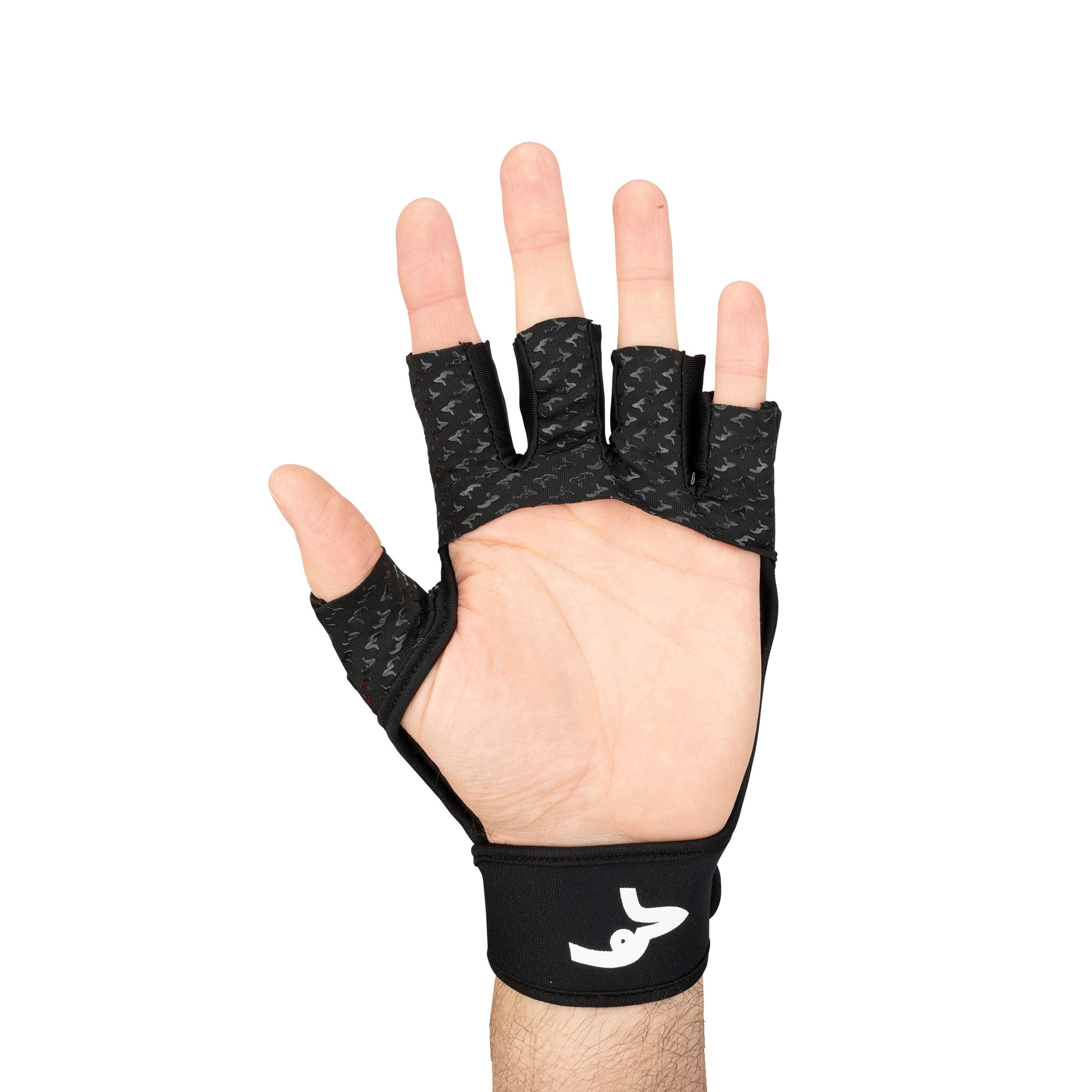A Kookaburra Spirit Plus LH Hockey Glove by Kookaburra, featuring a black fingerless design with an open palm, textured grip, and a white wrist logo, is displayed against a plain white background.