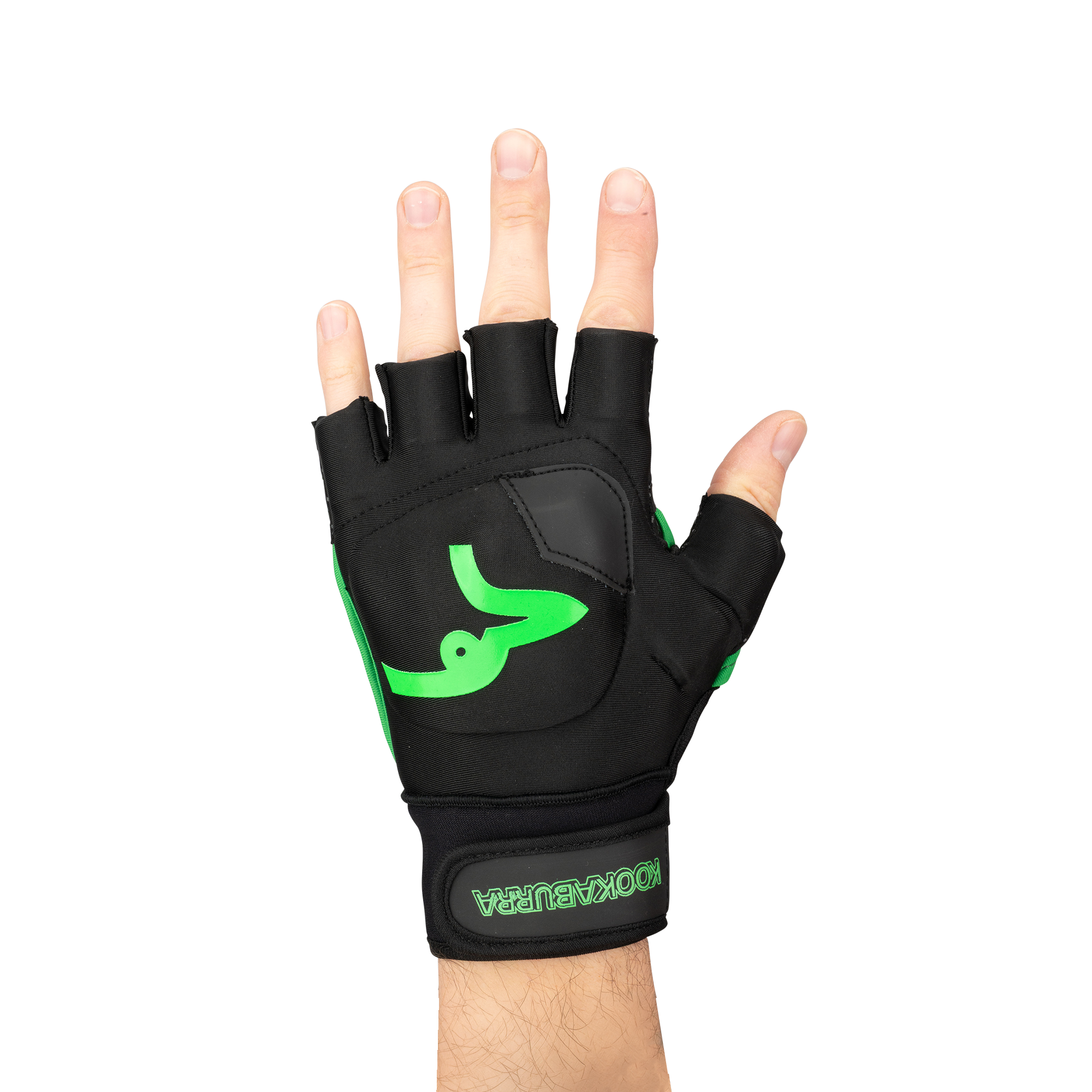 A hand sports the black Kookaburra Spirit LH Hockey Glove by Kookaburra, featuring green accents, an open palm design, and a stylized green logo on the back, displayed against a plain white background.