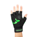 A hand sports the black Kookaburra Spirit LH Hockey Glove by Kookaburra, featuring green accents, an open palm design, and a stylized green logo on the back, displayed against a plain white background.