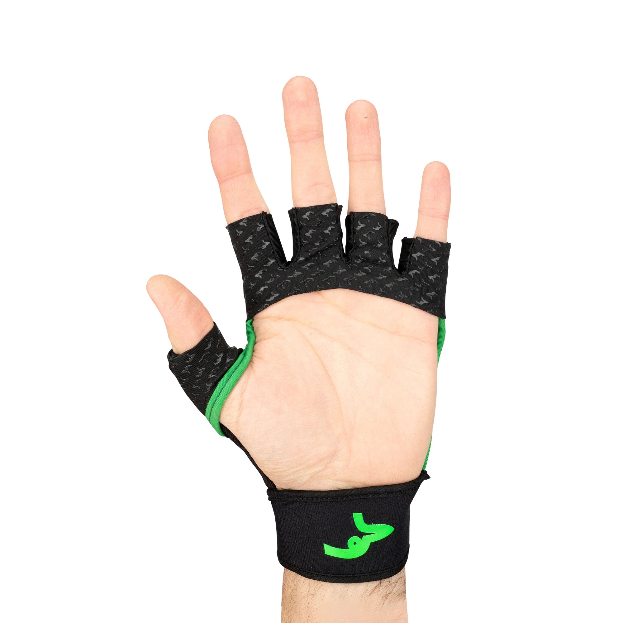 A hand wears the Kookaburra Spirit LH Hockey Glove by Kookaburra, black with green trim, palm open. The glove has a textured grip, integrated TPU shell, and an abstract green logo at the wrist. Background is plain white.