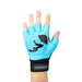A hand wears the Kookaburra Spirit LH Hockey Glove by Kookaburra in blue, a fingerless sports glove with black accents and an open palm for better stick control, palm facing forward against a white background.