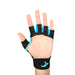A hand wears the Kookaburra Spirit LH Hockey Glove by Kookaburra, featuring a black and blue fingerless design with an open palm and textured grip, shown against a white background.
