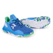 The Kookaburra Apollo Hockey Shoes by Kookaburra feature a blue design with green and white accents, white soles with blue and green camouflage patterns, a high-traction outsole, and a stylized animal logo. One shoe is upright; the other shows the sole.