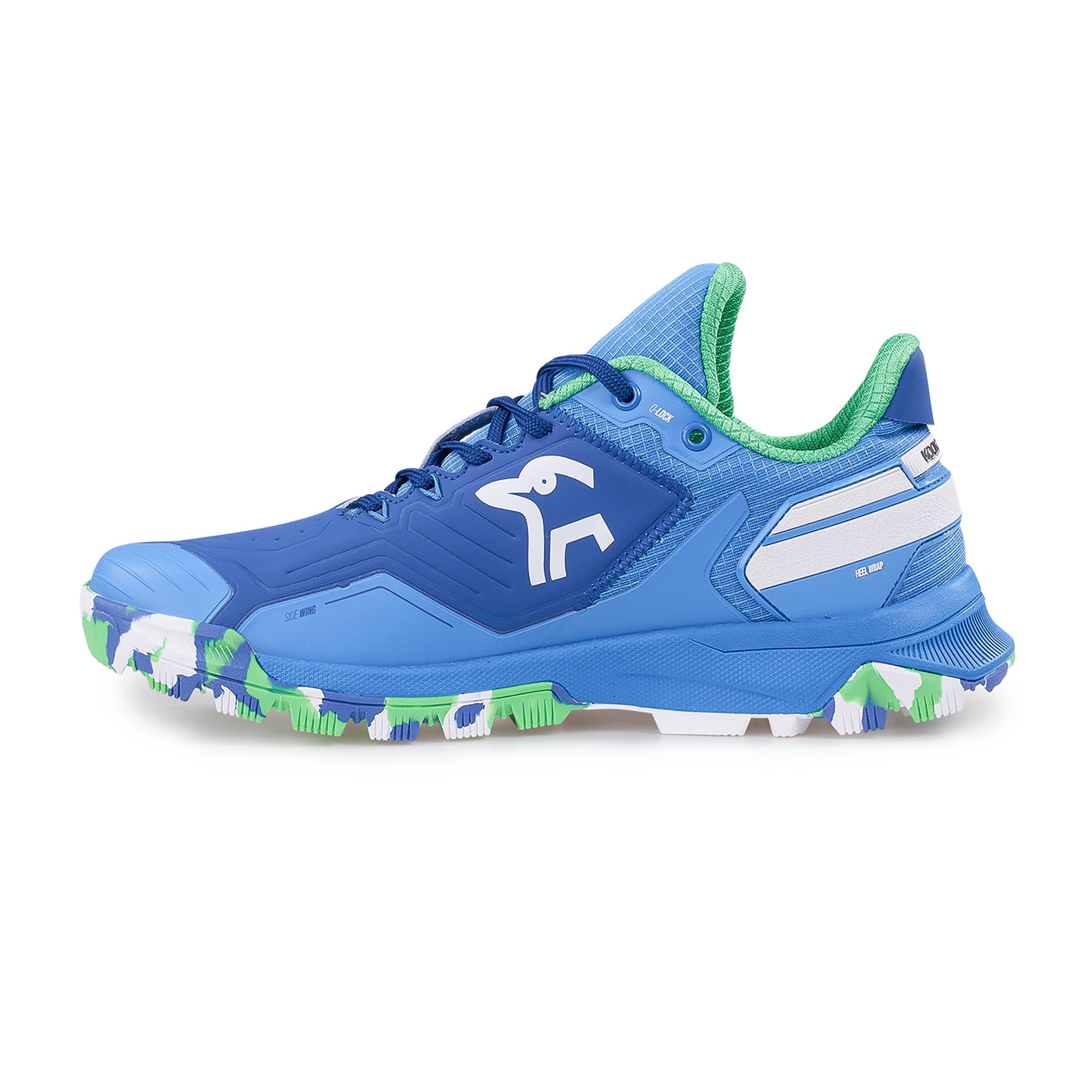 The Kookaburra Apollo Hockey Shoes by Kookaburra feature a blue design with green and white accents, a white side logo, high-traction textured sole, and green inner lining, ideal for outdoor or athletic use.