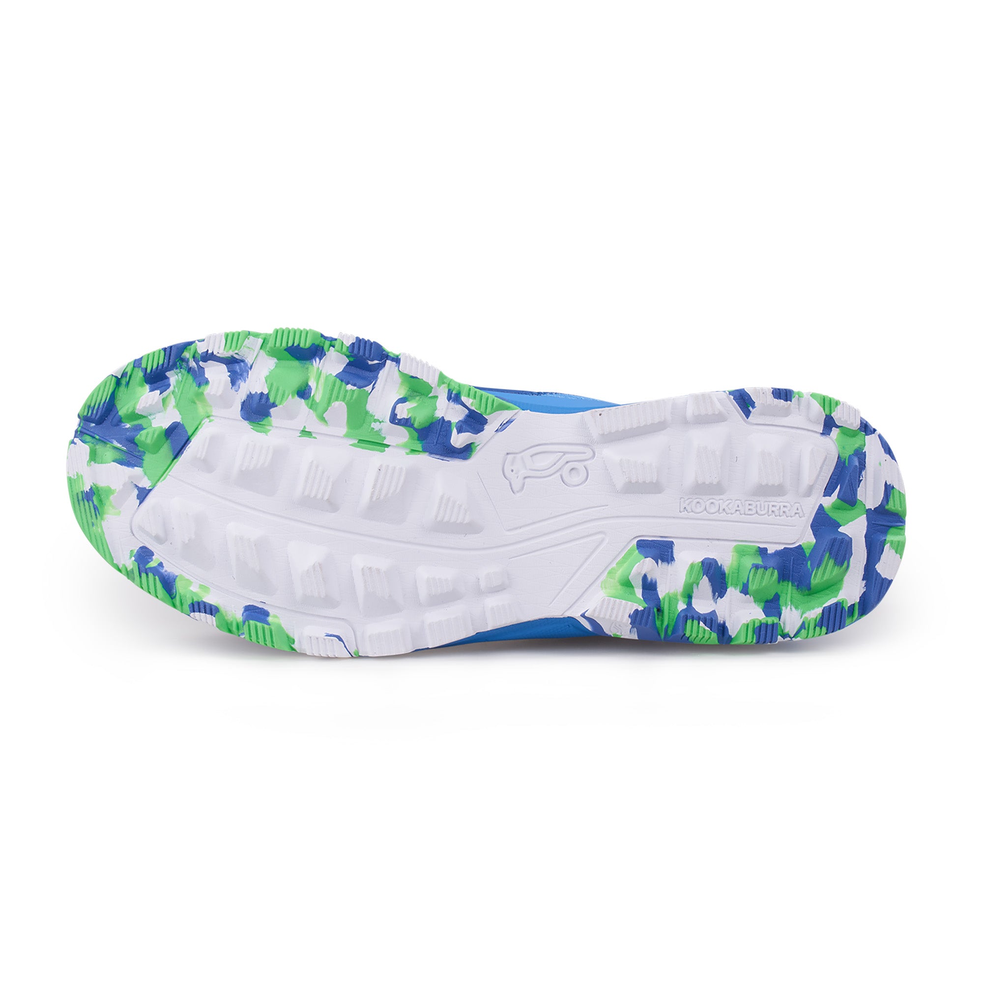 The image displays the sole of Kookaburra Apollo Hockey Shoes, featuring a white base with blue, green, and light blue camo pattern. It has a high-traction outsole with textured grip, raised treads, and "Kookaburra" embossed.