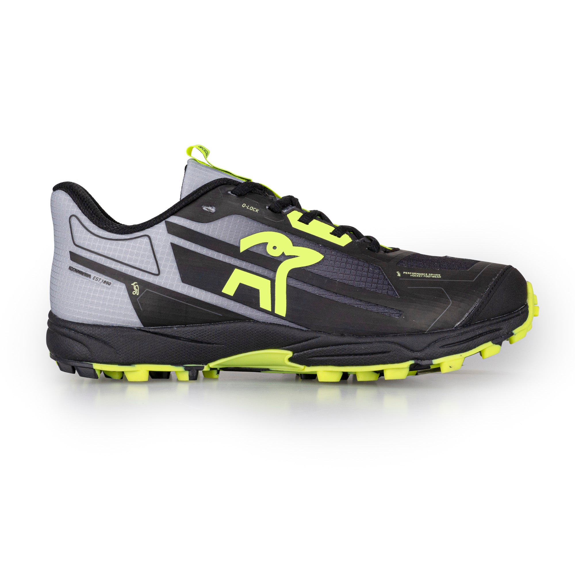 The Kookaburra Rogue Hockey Shoes by Kookaburra feature a black and gray design with bright yellow accents. Built with ETPU spring foam cushioning and a rugged, hockey-inspired tread, they’re ideal for athletic trail running and outdoor use.