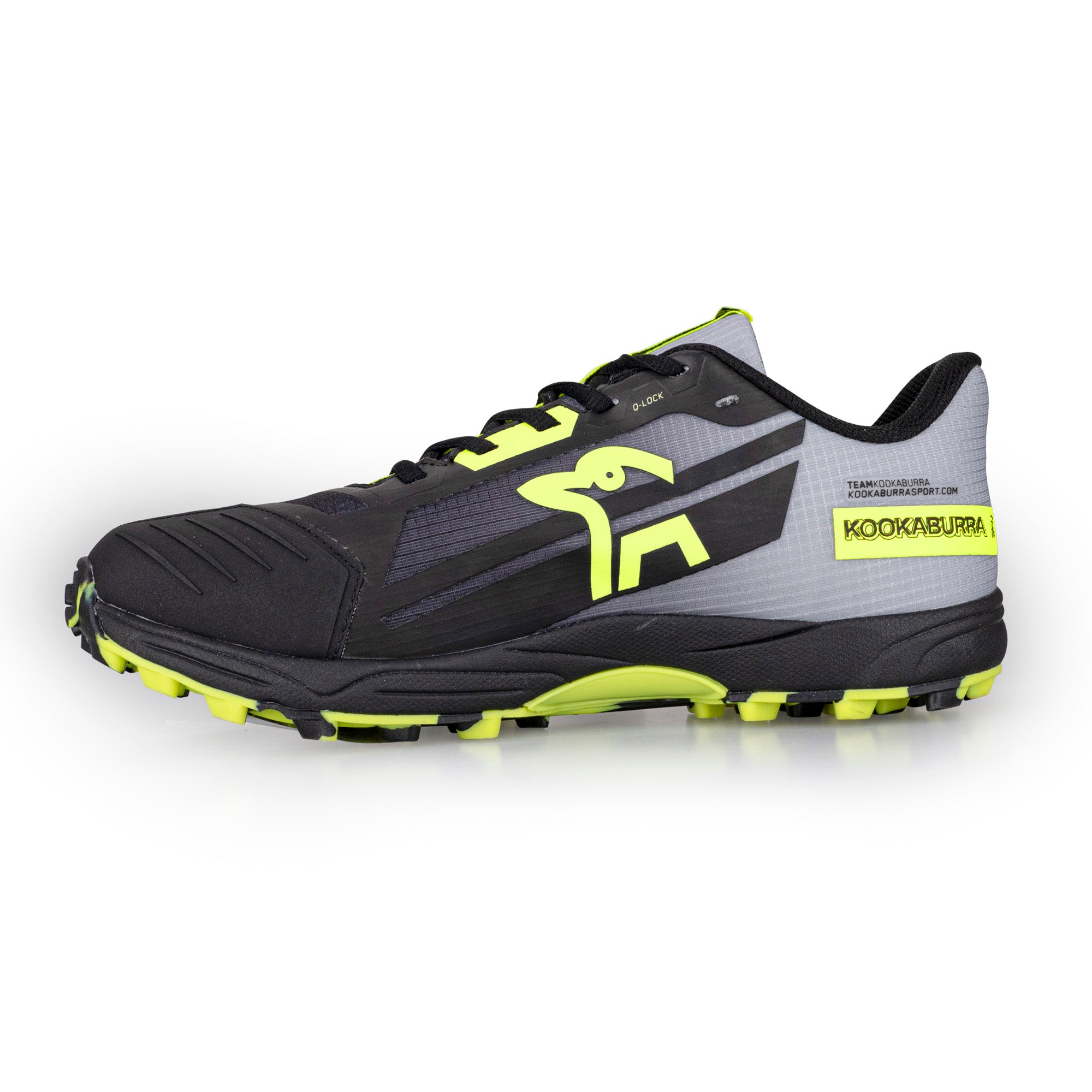 The Kookaburra Rogue Hockey Shoes, designed for juniors, feature a black and gray design with yellow accents and the Kookaburra logo. The yellow and black tread offers traction, while ETPU spring foam ensures added comfort.
