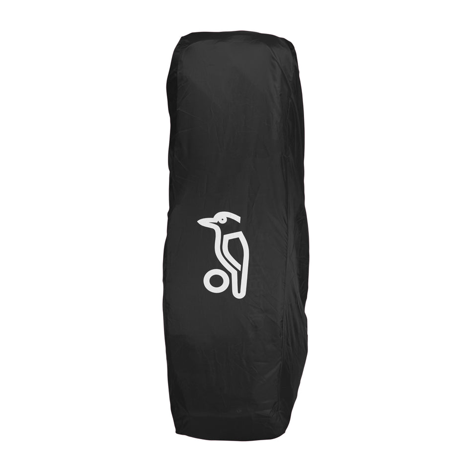 The Kookaburra Hockey Bag Raincover by Kookaburra is a black cover with a white minimalist bird logo, specially designed to fit over large hockey bags and provide excellent rain protection.