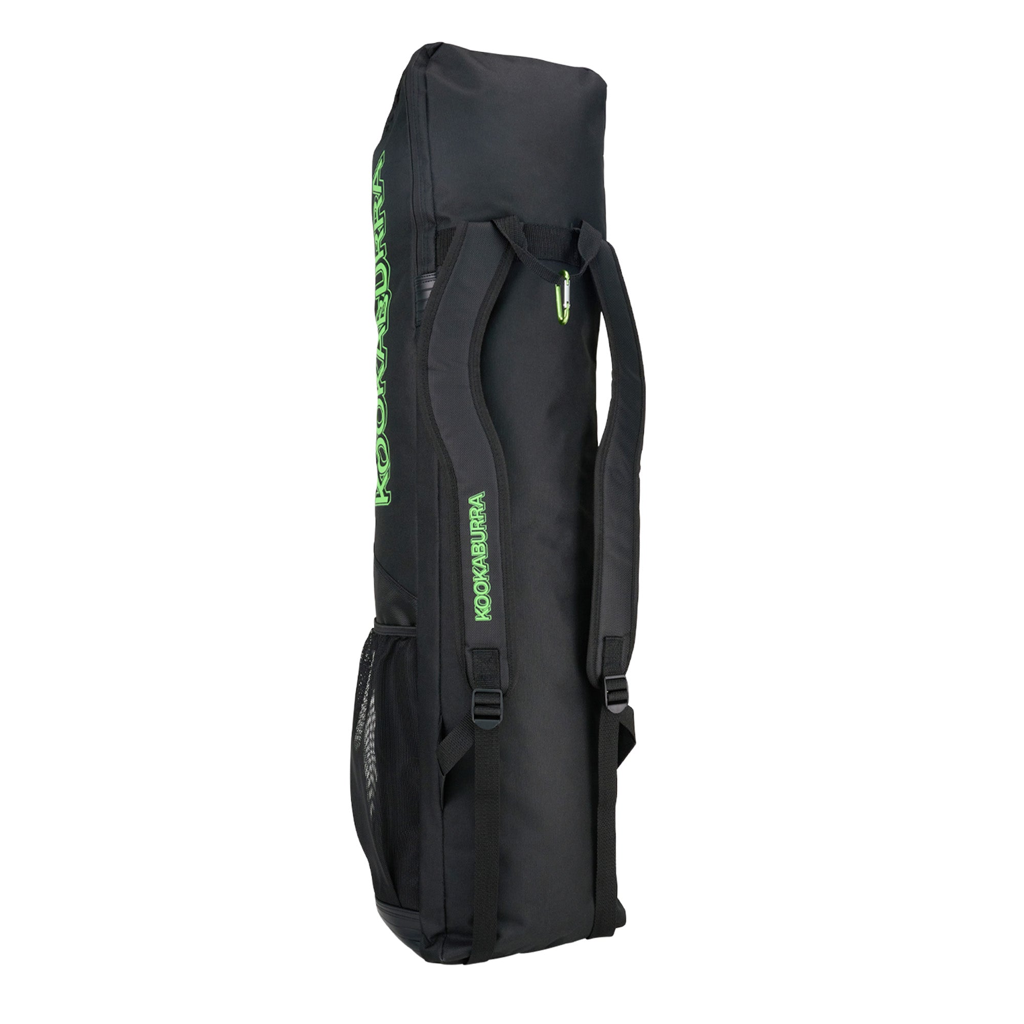 The Kookaburra Axis Hockey Kitbag 2025, a large black bag with two shoulder straps and green Kookaburra branding, designed for carrying hockey equipment, is shown standing upright on a white background.