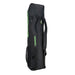 The Kookaburra Axis Hockey Kitbag 2025, a large black bag with two shoulder straps and green Kookaburra branding, designed for carrying hockey equipment, is shown standing upright on a white background.