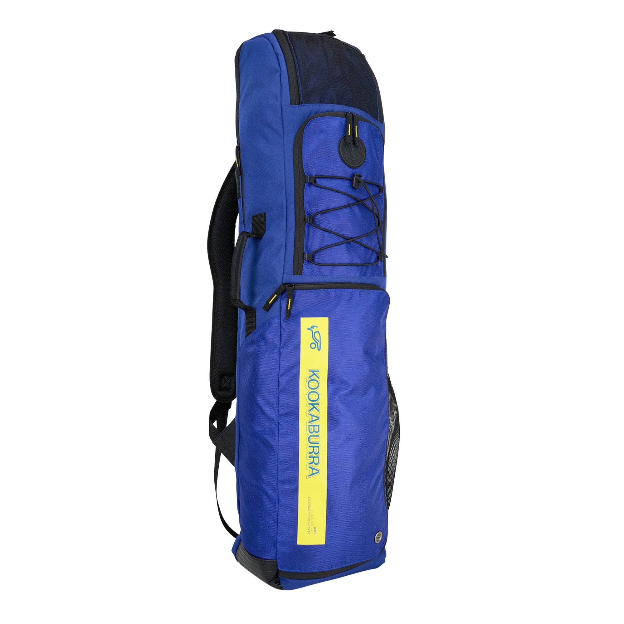 The Kookaburra Axis Hockey Kitbag 2025 is a spacious blue equipment bag with black straps, zippers, and a yellow brand label. It features a large main compartment and a convenient side mesh pocket.
