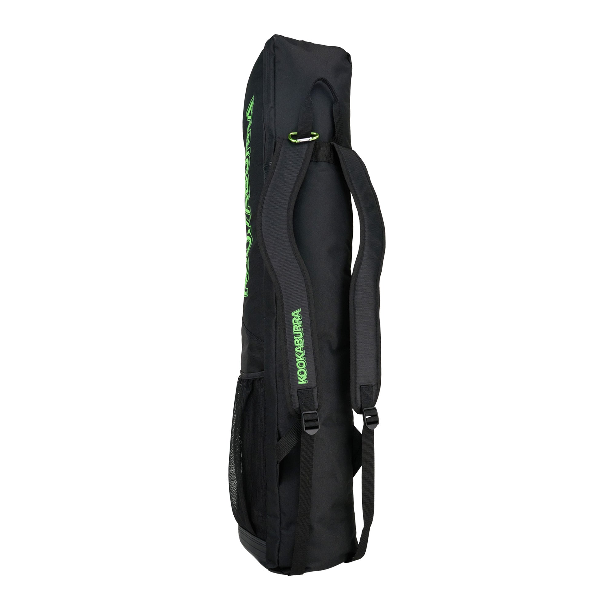 A black Kookaburra Forge Hockey Kitbag 2025 with an adjustable shoulder strap, durable base, and side pocket stands upright on a white background.