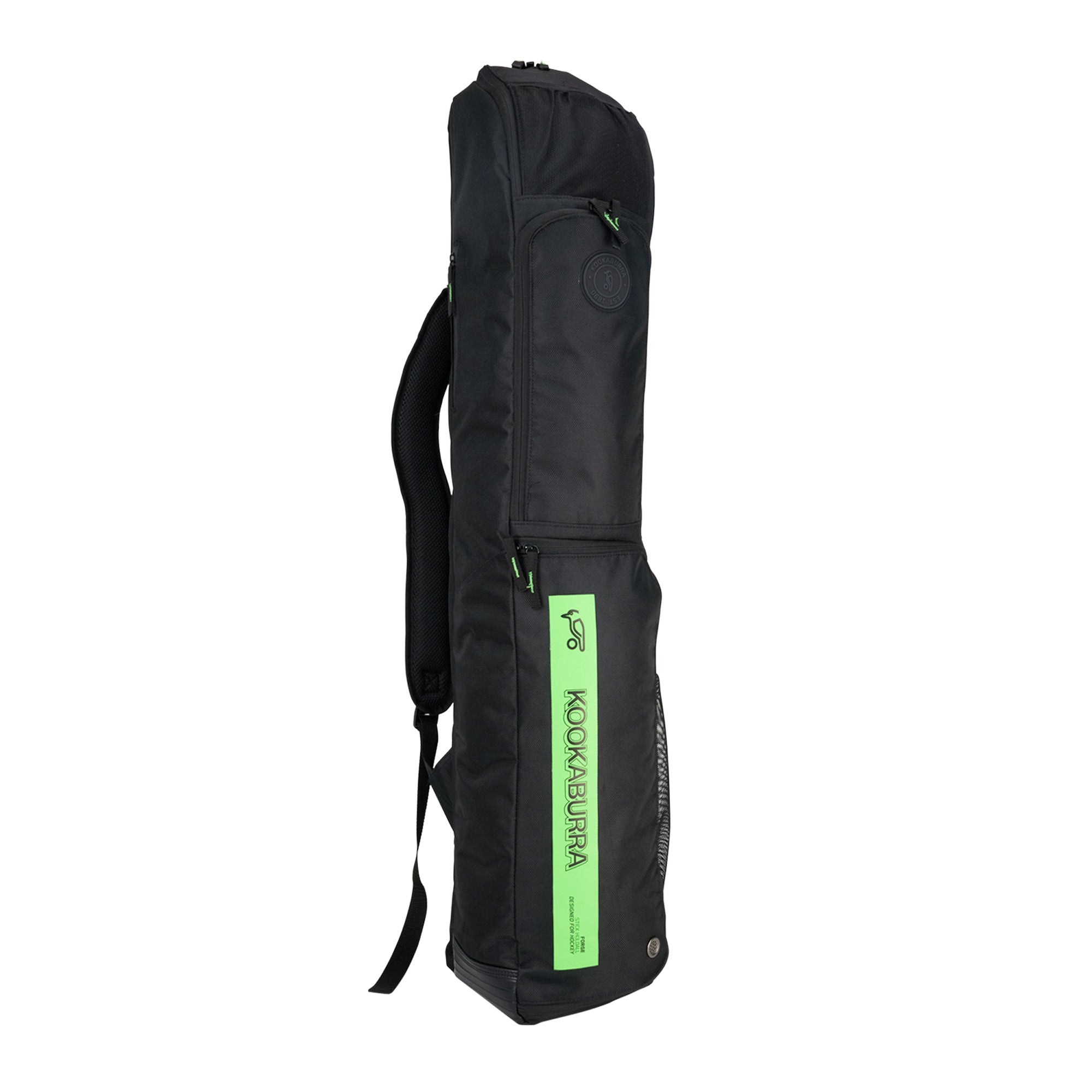 The Kookaburra Forge Hockey Kitbag 2025 is a black bag with green accents, featuring an adjustable shoulder strap, zippered pocket, and durable base—ideal for carrying all your hockey equipment.