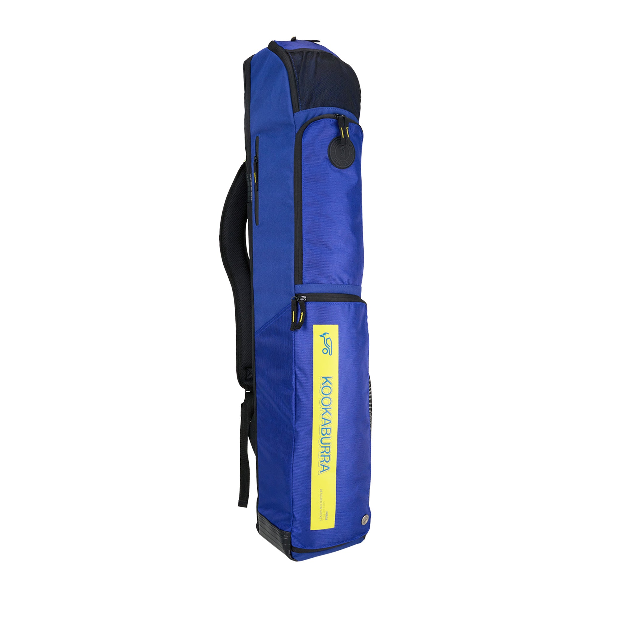 The blue Kookaburra Forge Hockey Kitbag 2025 features an adjustable shoulder strap, zippered compartments, a yellow front accent panel, and a durable base, shown standing upright against a white background.