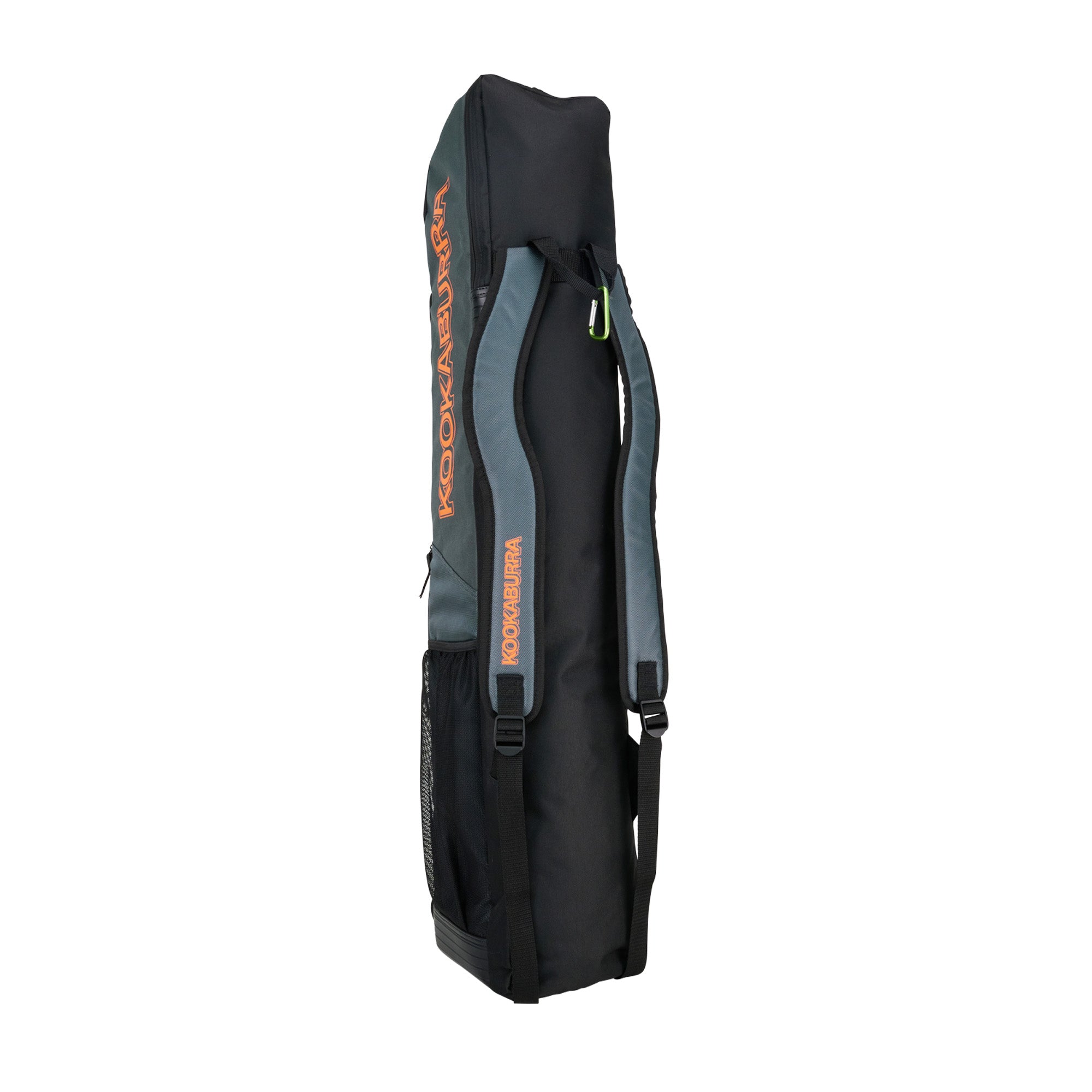 The Kookaburra Forge Hockey Kitbag 2025 is a black and gray sports bag with KOOKABURRA in orange on the side, featuring an adjustable shoulder strap, mesh pocket, and durable base, shown upright against a white background.