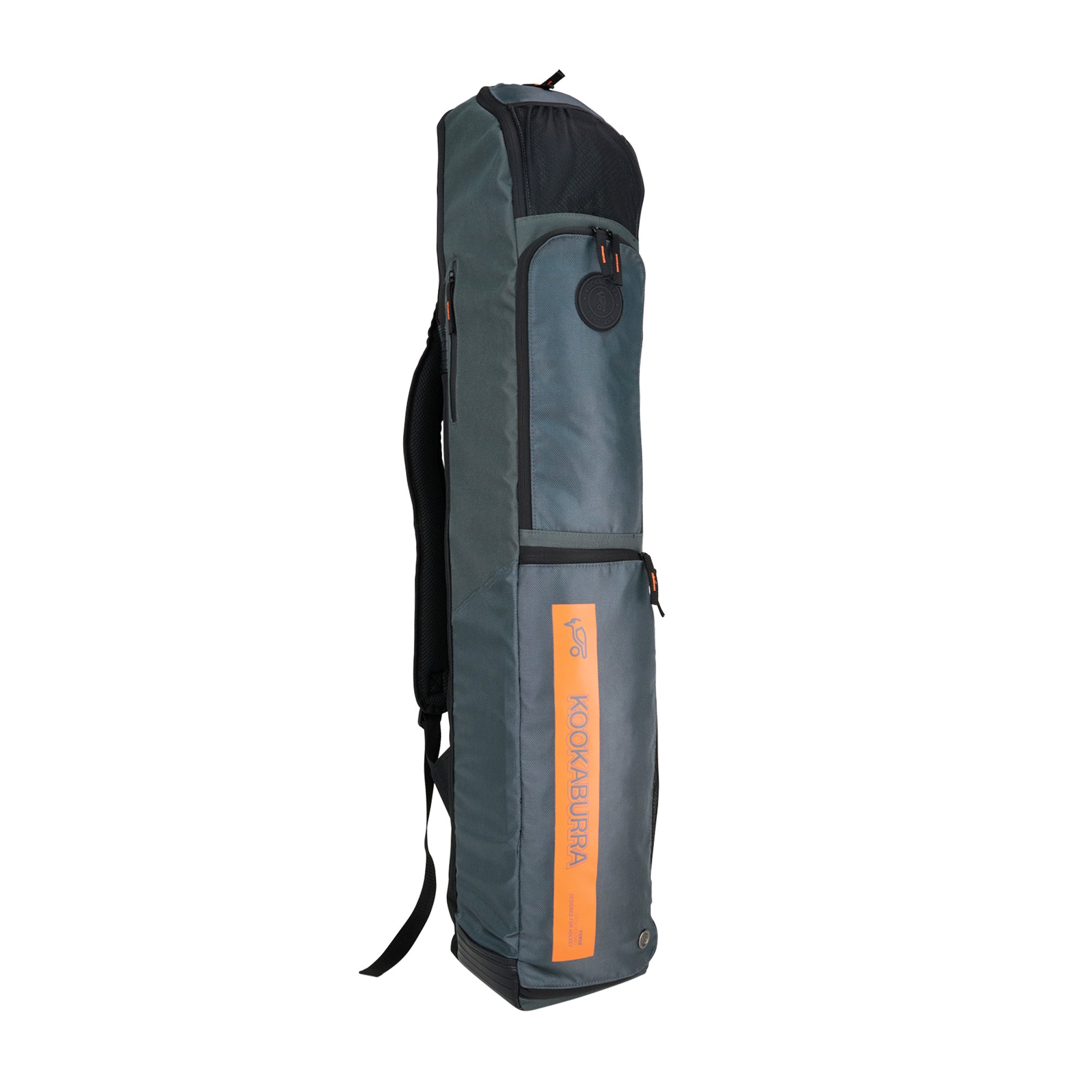 The Kookaburra Forge Hockey Kitbag 2025 is a tall, rectangular grey bag with black straps, an orange Kookaburra label, multiple zippered compartments, an adjustable shoulder strap for comfort, and a top handle.