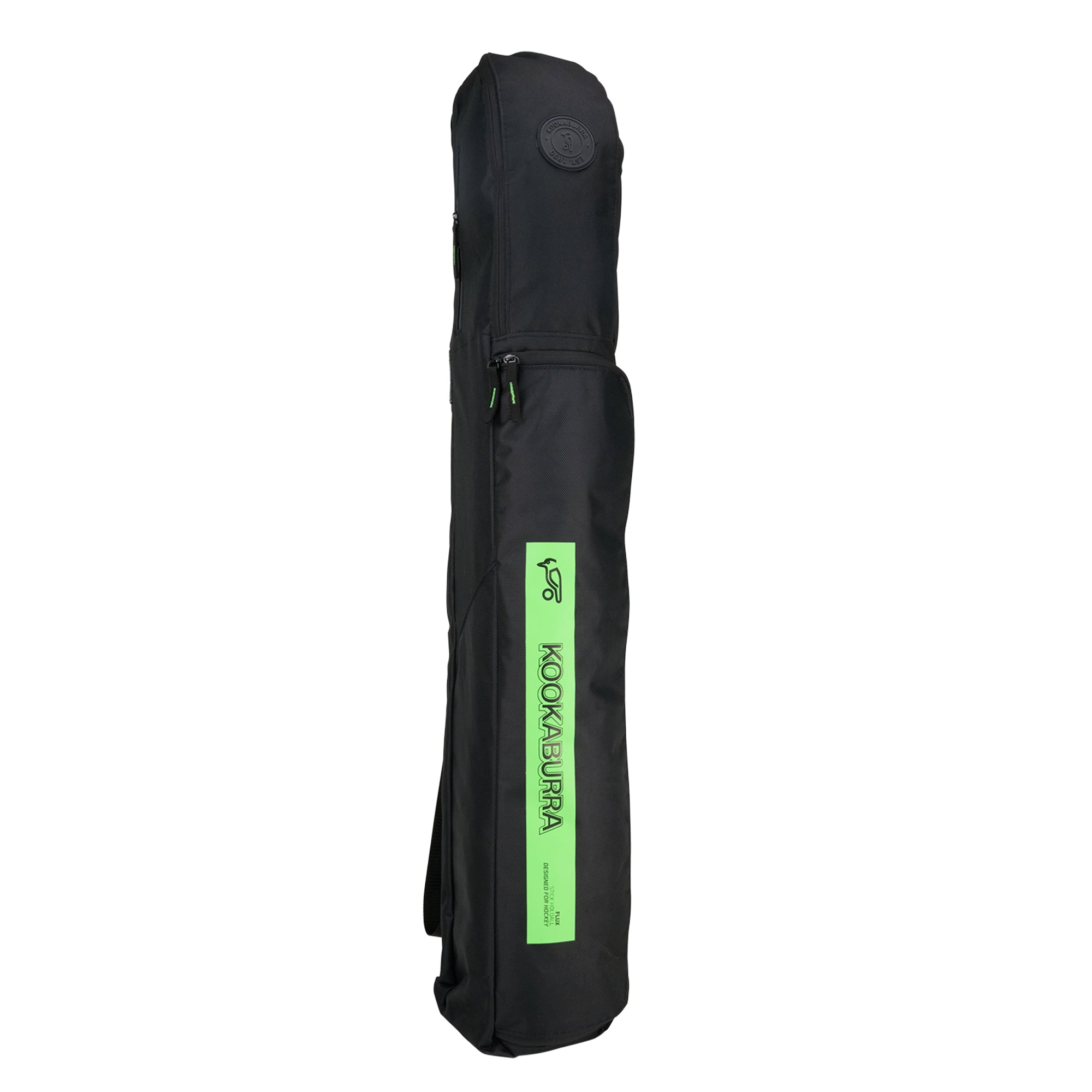 A black Kookaburra Flux Hockey Bag 2026 with a green label and zipper, featuring ergonomically designed pockets, stands upright against a white background.