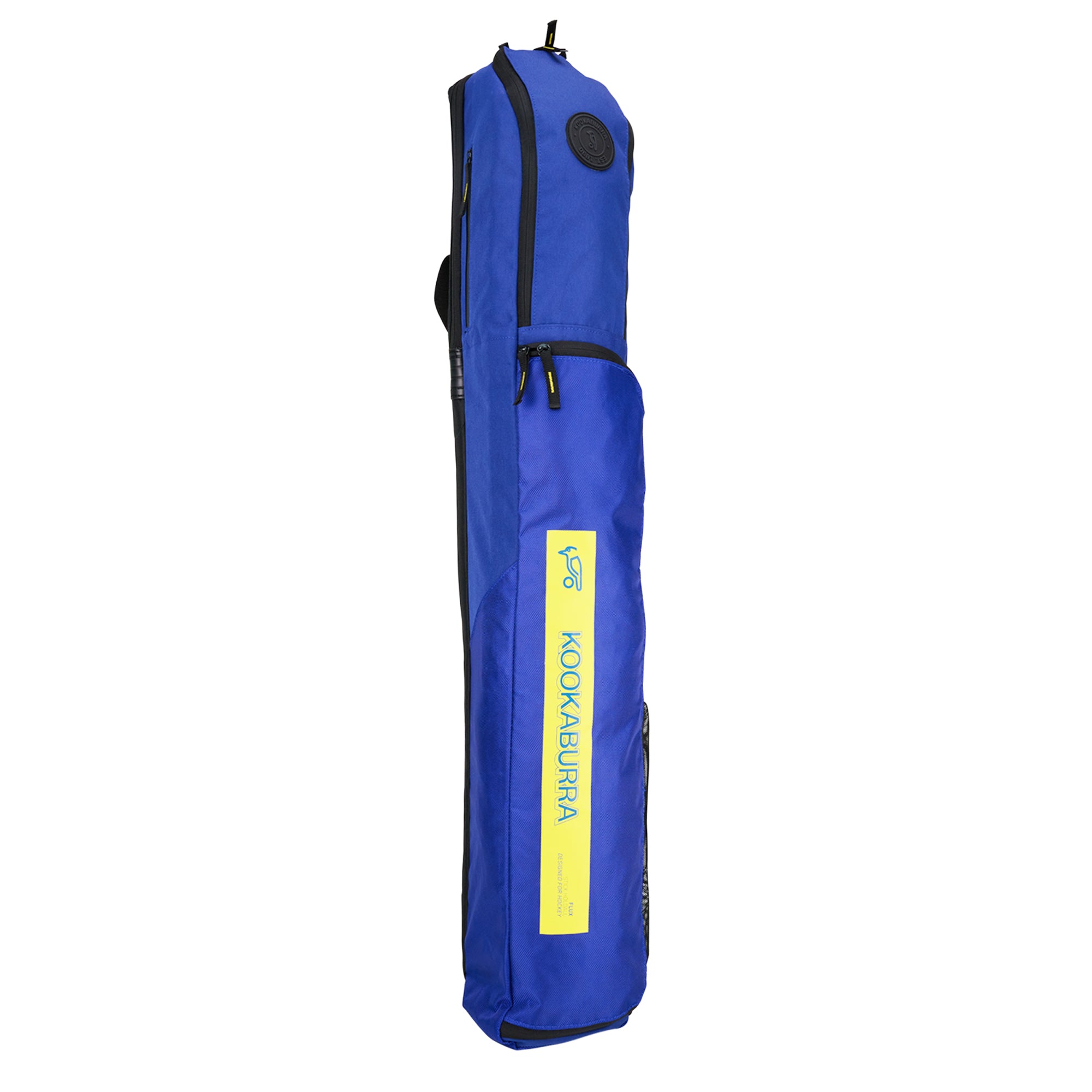 The Kookaburra Flux Hockey Bag 2026 is a blue bag with a zippered main compartment, front pocket, padded adjustable shoulder strap, and a yellow label featuring the Kookaburra logo and branding.