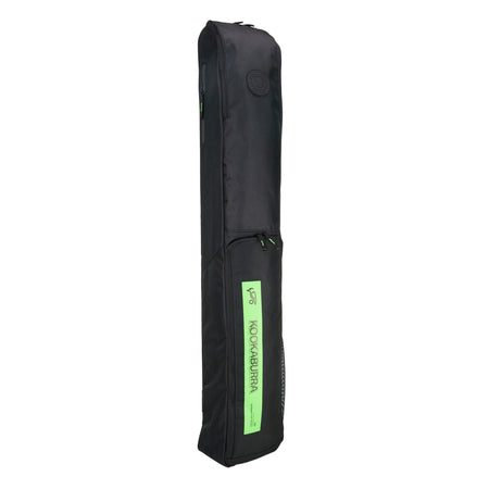 The Kookaburra Vex Hockey Kitbag 2025 is a black rectangular bag with a zippered top pocket, padded carrying strap, and a green front label with the Kookaburra brand name and logo.