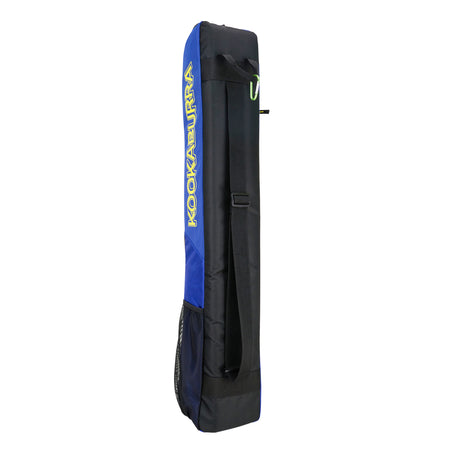 The Kookaburra Vex Hockey Kitbag 2025 by Kookaburra is a black and blue rectangular bag with yellow KOOKABURRA branding, a padded strap for comfort, and a small green handle on top.