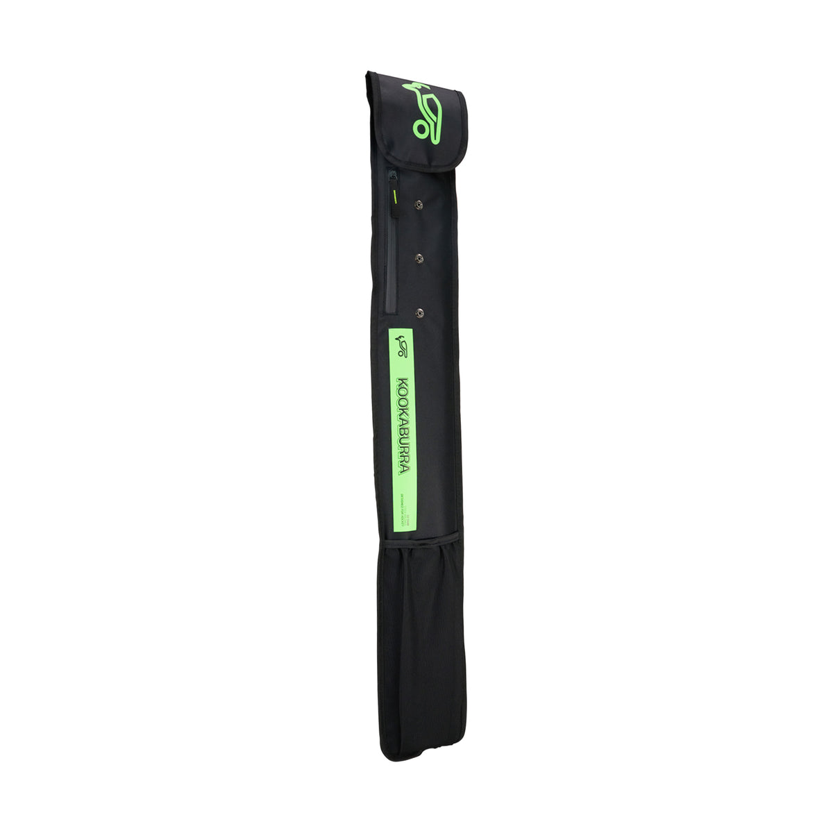 The Kookaburra Octane Stickbag 2025 is a black rectangular cover with a flap top, green logo, and KOOKABURRA branding on the side. It has an adjustable shoulder strap and stands upright against a white background.