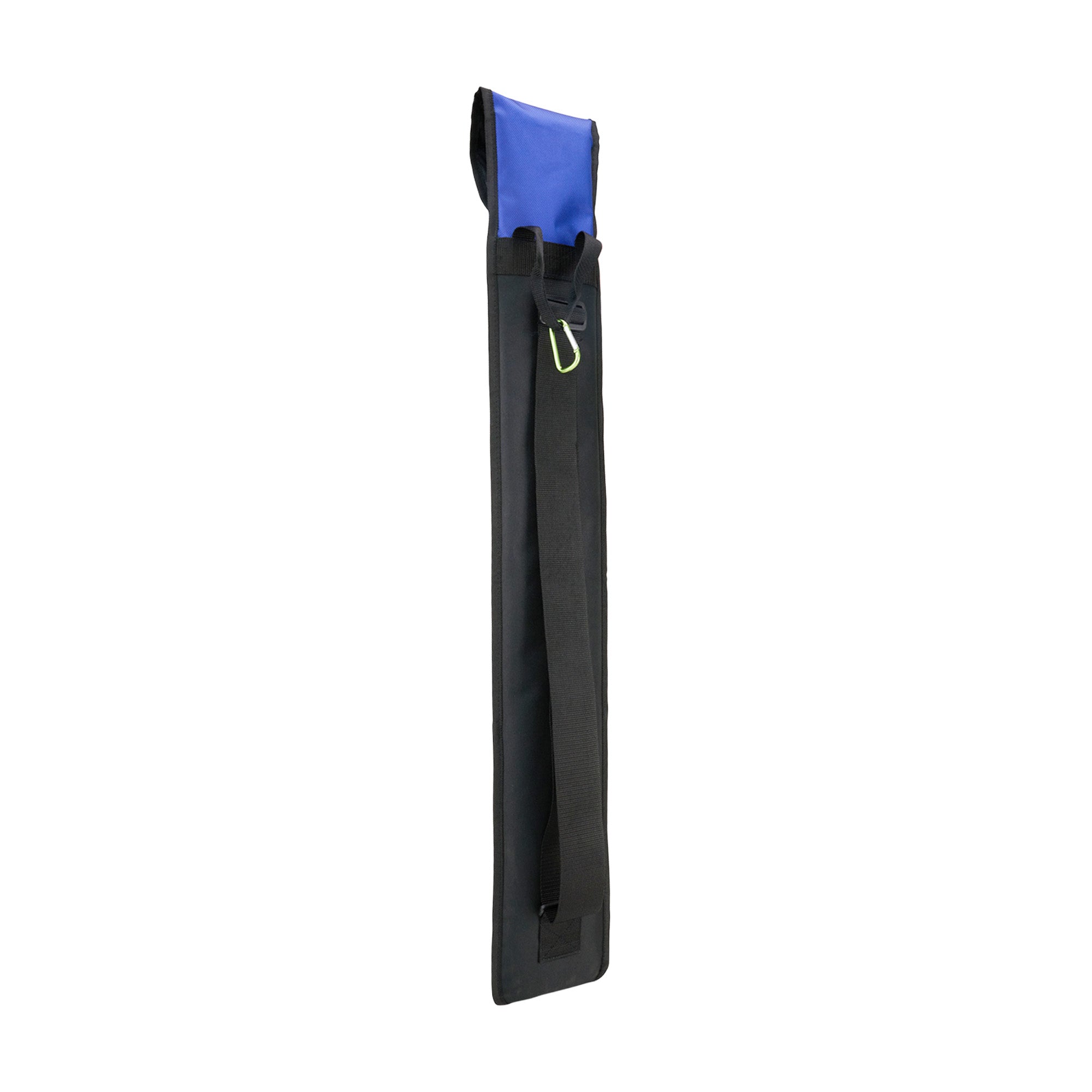 The Kookaburra Octane Stickbag 2025 by Kookaburra is a black bag with a blue top flap, adjustable shoulder strap, and a small green carabiner clip near the top, shown standing upright against a white background.