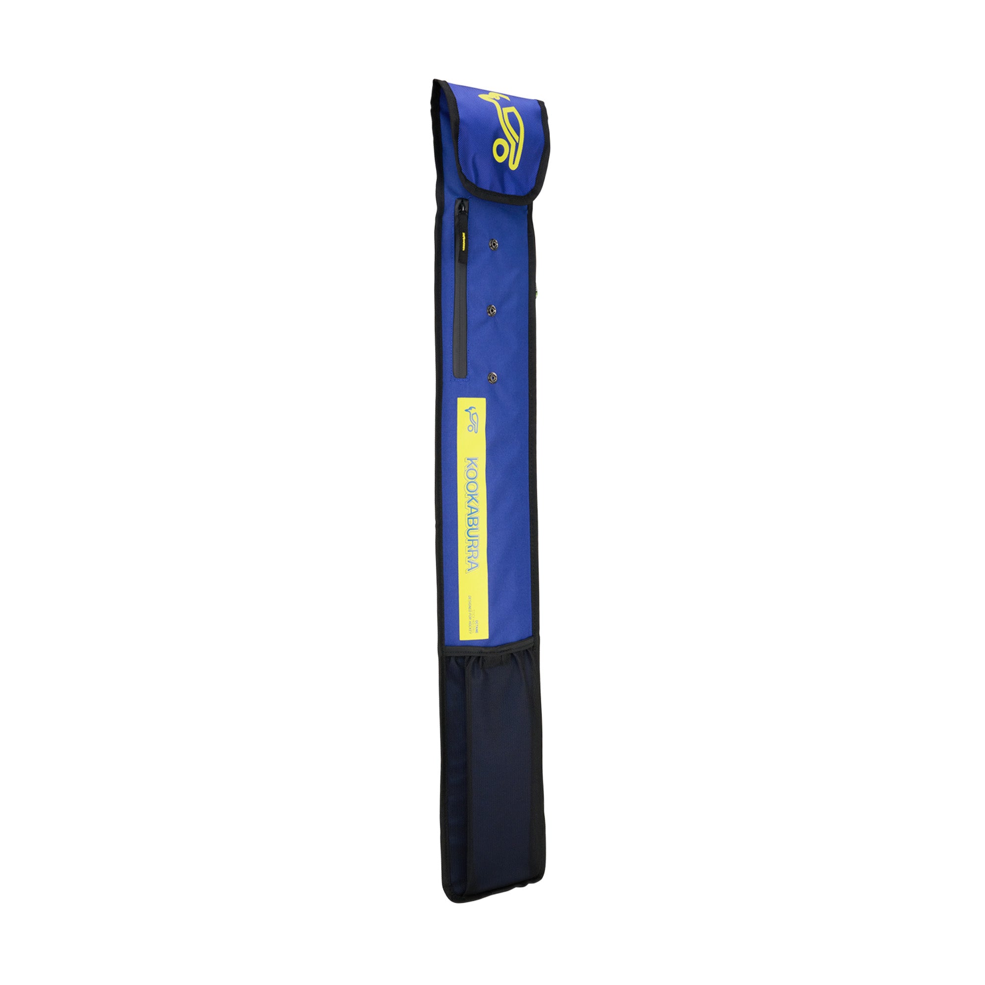 The Kookaburra Octane Stickbag 2025 is a blue rectangular bag with a flap closure, zippered pocket, adjustable shoulder strap, and a yellow KOOKABURRA label. Ideal for carrying and organizing sports equipment.