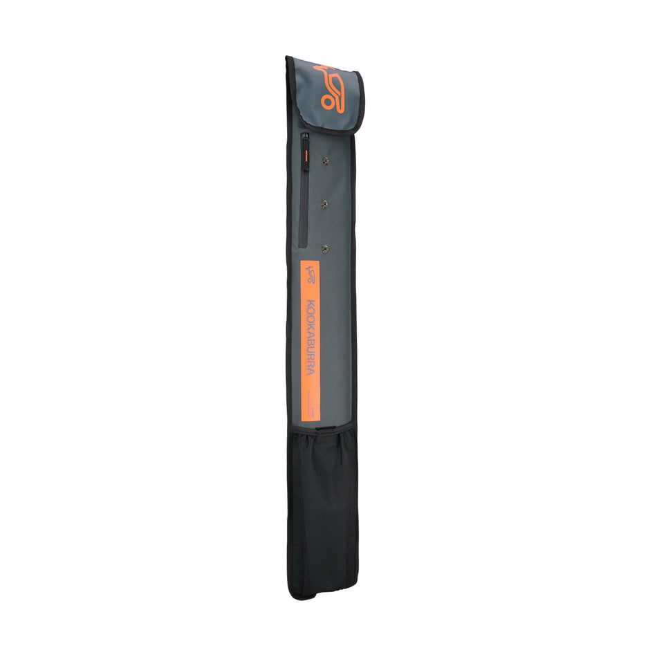 The Kookaburra Octane Stickbag 2025 by Kookaburra is a long, rectangular grey bag with an orange logo, designed to protect your sticks. It features a top flap closure and an adjustable shoulder strap for easy carrying.