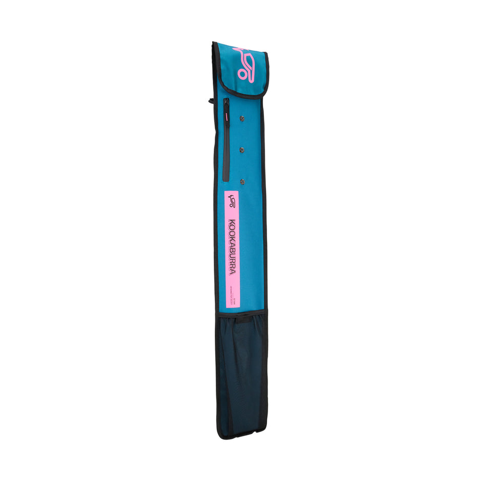 The Kookaburra Octane Stickbag 2025 in Marine/Pink features an adjustable shoulder strap and a convenient carabiner clip.
