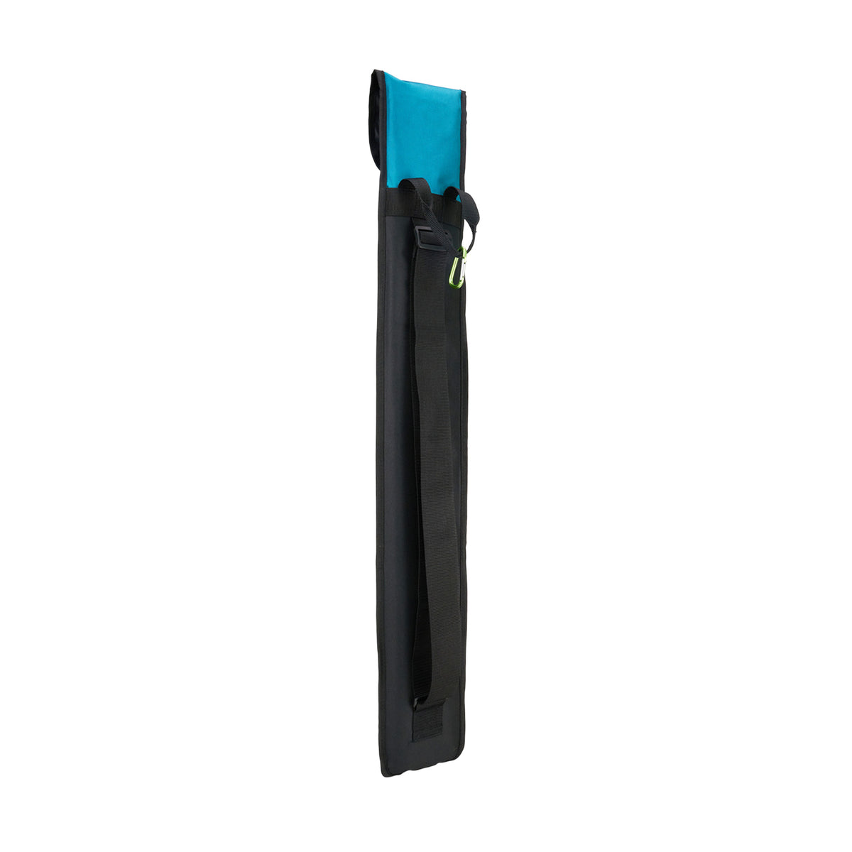 The Kookaburra Octane Stickbag 2025 by Kookaburra is a long black bag with a teal flap and adjustable shoulder strap, shown against a white background.