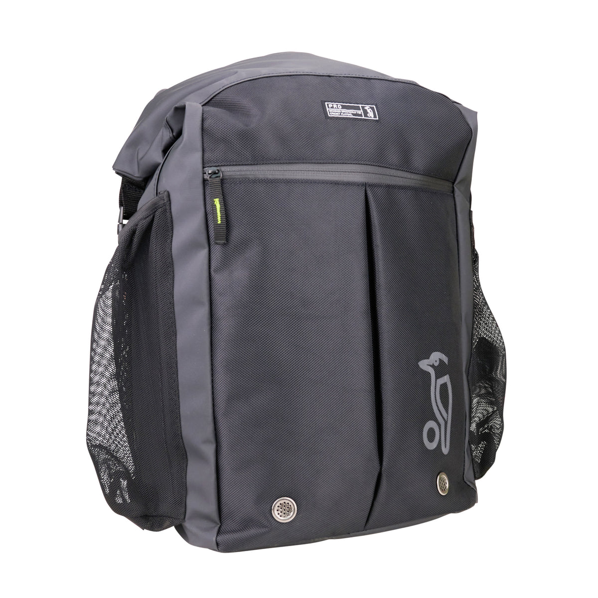 The Kookaburra Pro Hockey Rucksack 2025 by Kookaburra is a black and gray roll-top backpack featuring mesh side pockets, a front zip pocket, small animal logo, bottom grommets, top handle, and an included raincover for extra protection.